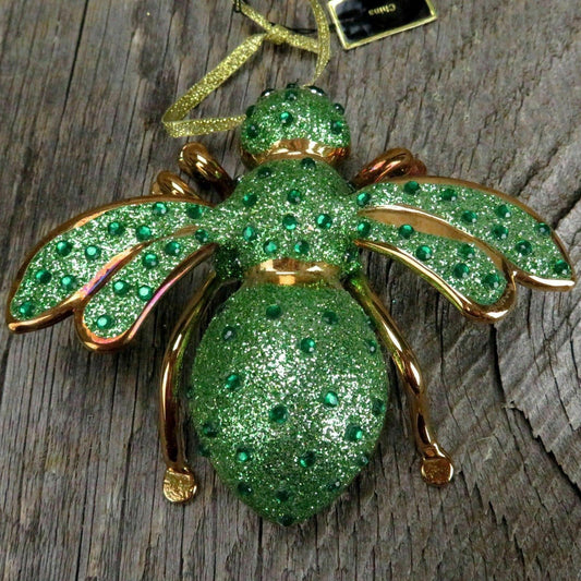 Bee Bug Ornament Joan Rivers Christmas Glass Green Glitter Rhinestone Holiday