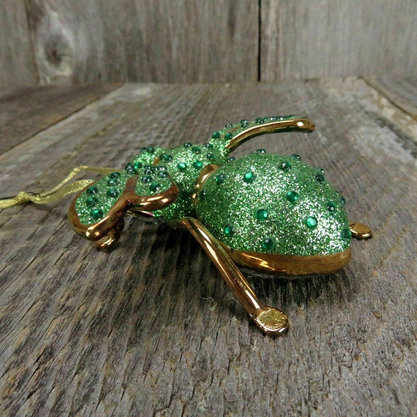 Bee Bug Ornament Joan Rivers Christmas Glass Green Glitter Rhinestone Holiday
