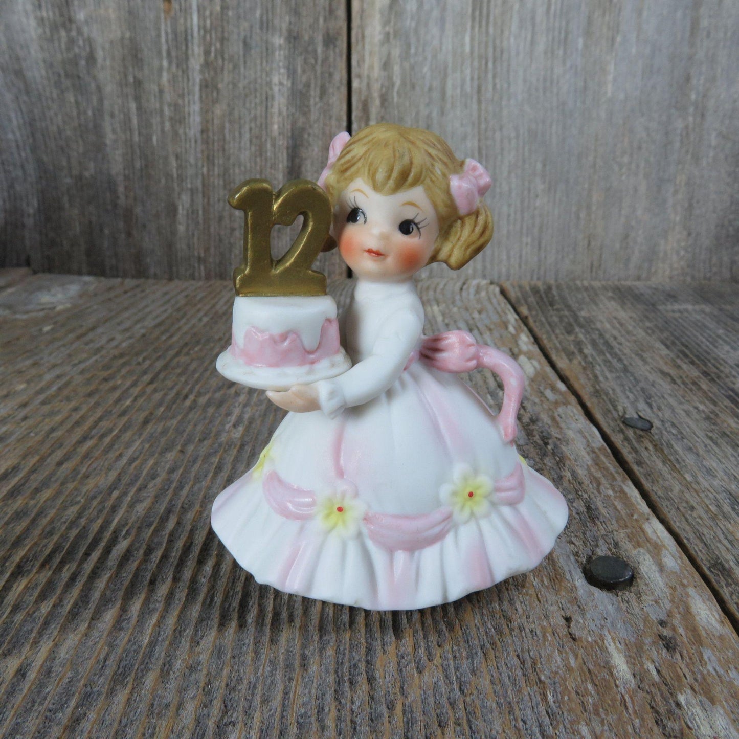 Vintage Birthday Girl Cake Topper Figurine 12th Twelfth Pink Dress Pig Tails Taiwan
