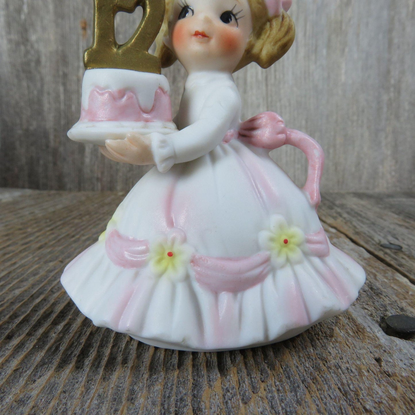 Vintage Birthday Girl Cake Topper Figurine 12th Twelfth Pink Dress Pig Tails Taiwan