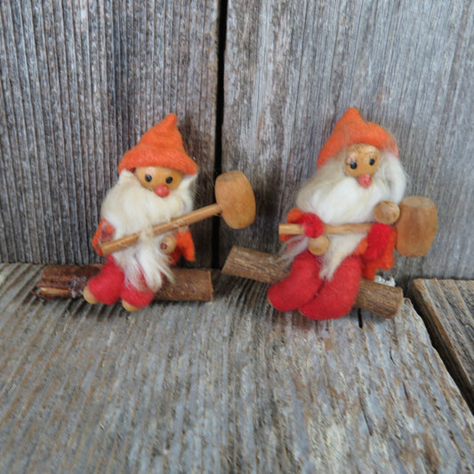 Vintage Wooden Gnome Elf Figurine Set of 2 Hammer Felt Clothes Natural Wood Color Fairy Village Figures Miniature