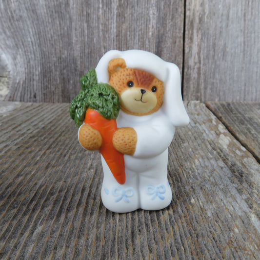 Bear in Bunny Suit Figurine Carrot Blue Bows Easter Lucy Rigg Enesco Vintage 1987