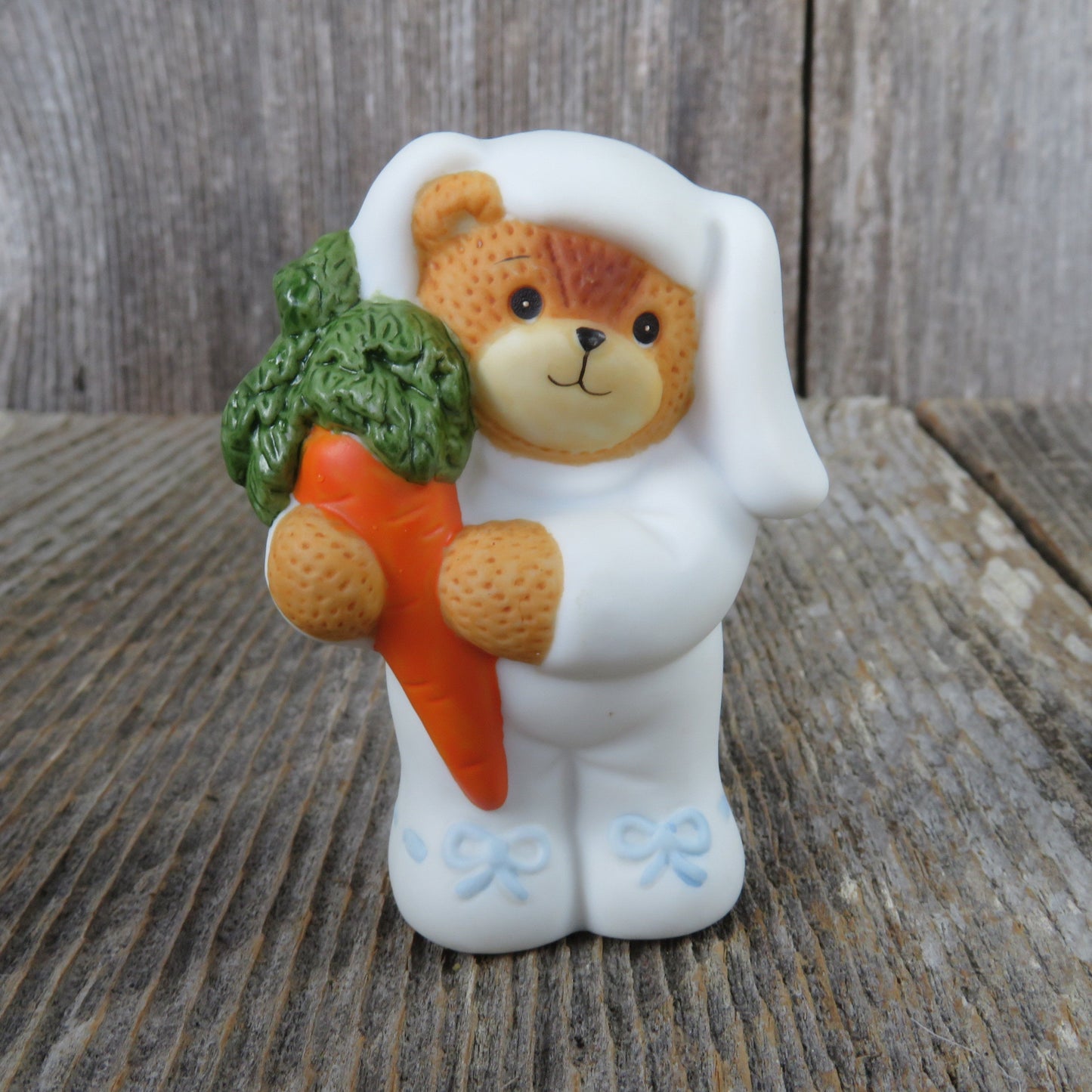Bear in Bunny Suit Figurine Carrot Blue Bows Easter Lucy Rigg Enesco Vintage 1987