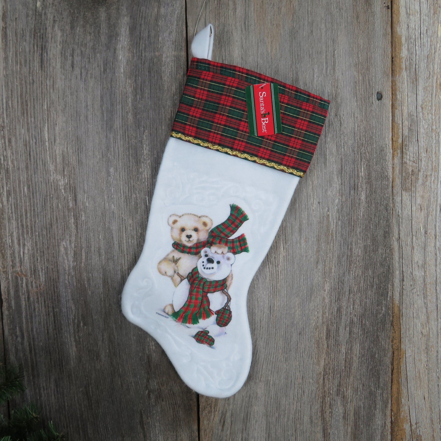 Vintage Teddy Bear and Snowman Plaid Stocking Christmas Santa's Best  White Fuzzy Red Green Fleece Gold Trim