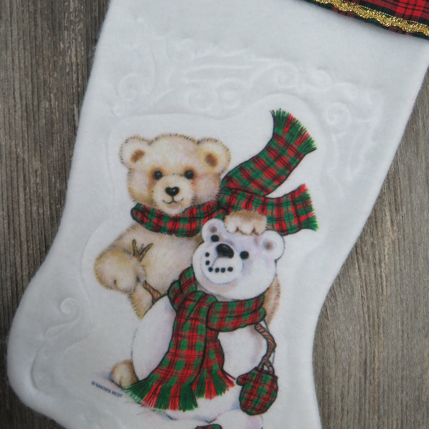 Vintage Teddy Bear and Snowman Plaid Stocking Christmas Santa's Best  White Fuzzy Red Green Fleece Gold Trim