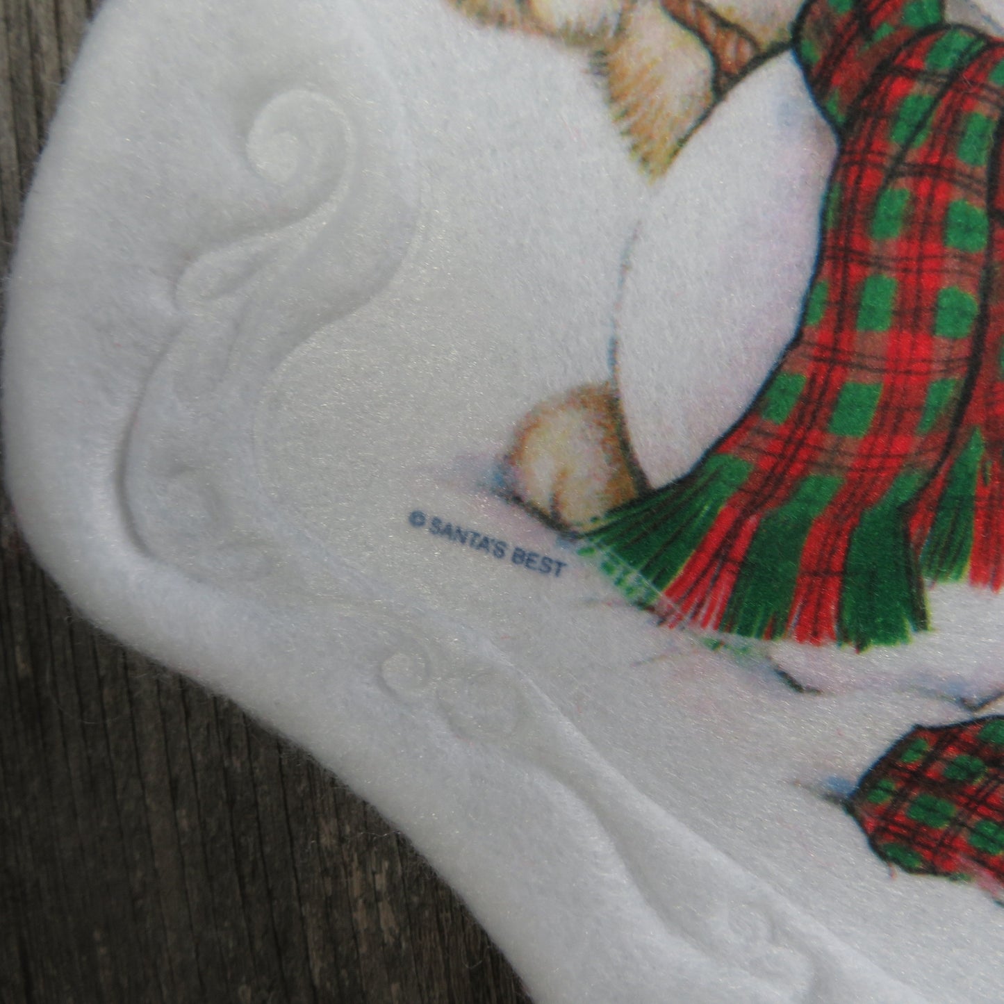 Vintage Teddy Bear and Snowman Plaid Stocking Christmas Santa's Best  White Fuzzy Red Green Fleece Gold Trim