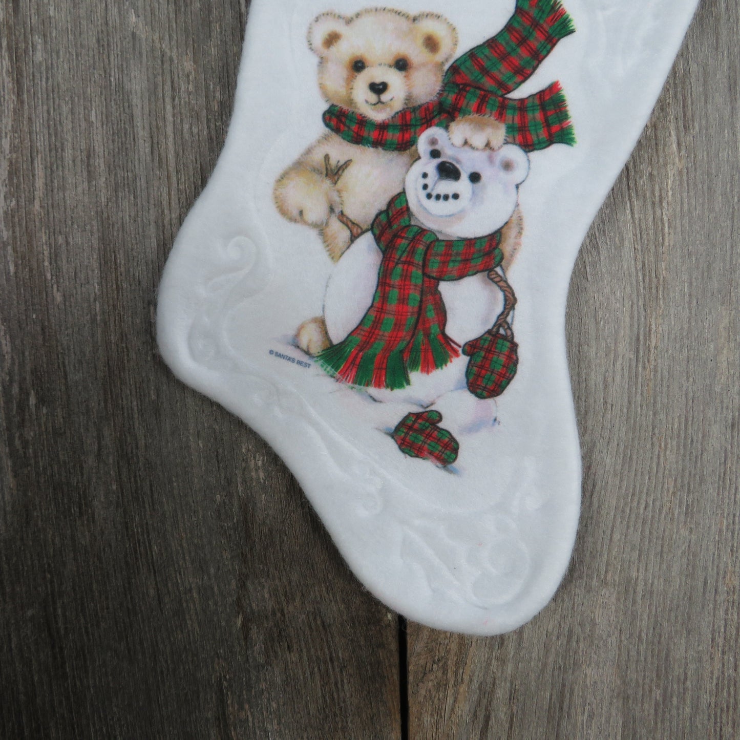 Vintage Teddy Bear and Snowman Plaid Stocking Christmas Santa's Best  White Fuzzy Red Green Fleece Gold Trim