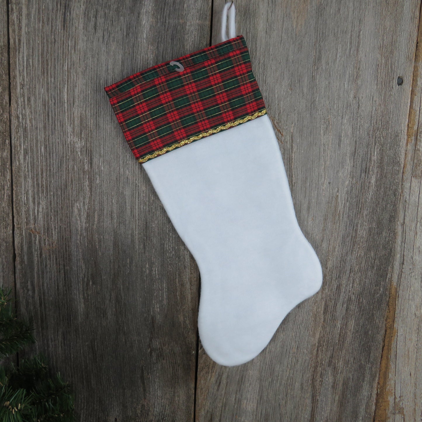 Vintage Teddy Bear and Snowman Plaid Stocking Christmas Santa's Best  White Fuzzy Red Green Fleece Gold Trim