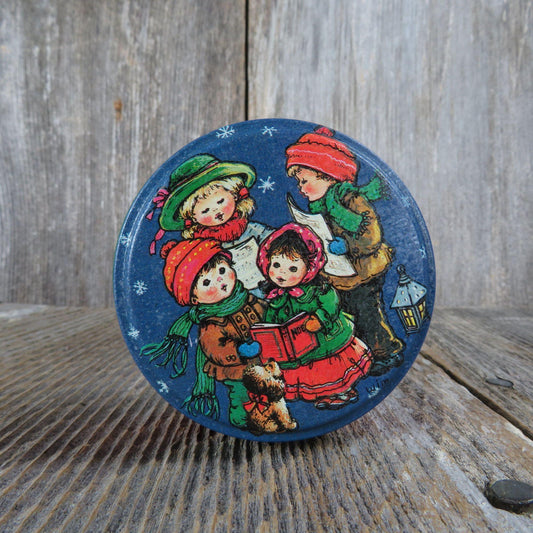 Vintage Christmas Tin Singers Carolers Tiny Candy Potpourri Press Round Metal Trinket Box 1990