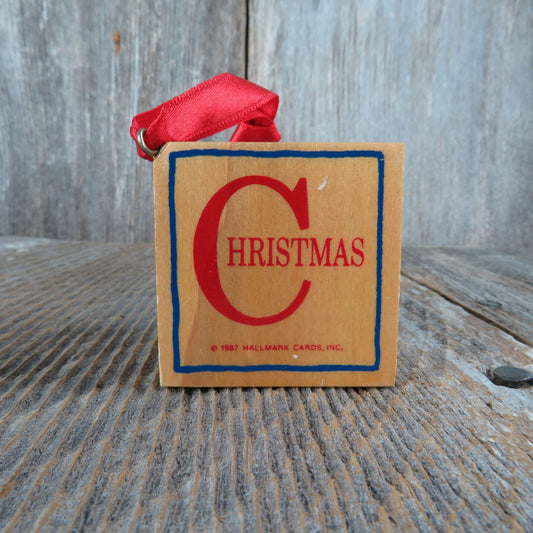 Vintage Alphabet Block Wooden Ornament C for Christmas M for Merry Hallmark Teddy Bear 1987