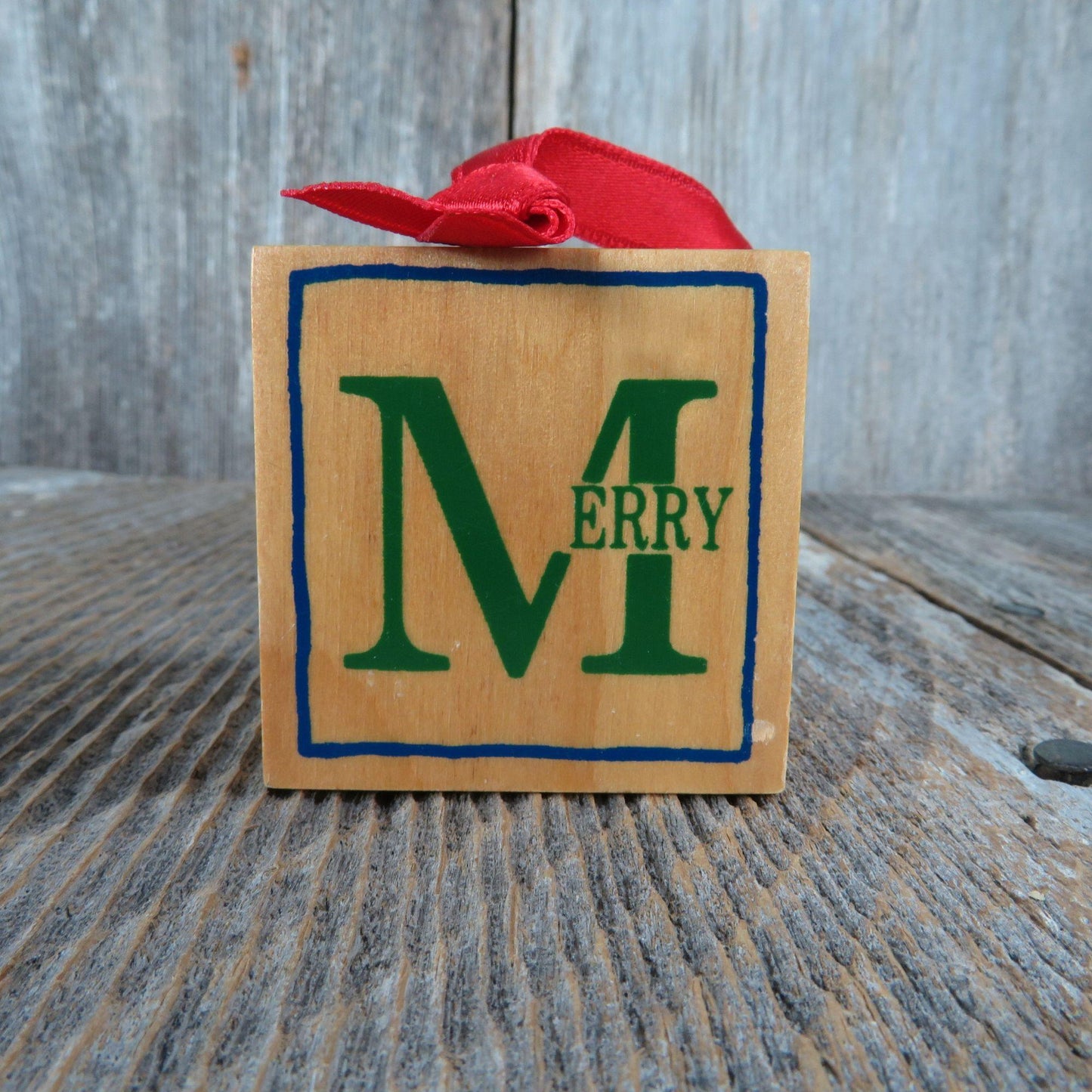 Vintage Alphabet Block Wooden Ornament C for Christmas M for Merry Hallmark Teddy Bear 1987