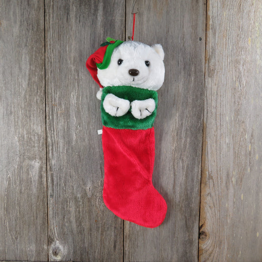 Vintage Teddy Bear Stocking White Santa Hat Enesco Green Trim Plush Stuffed Red Holiday