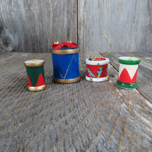 Vintage Drum Shaped Wood Ornament Lot Blue Red Green Wooden Instrument Christmas Mini Tree