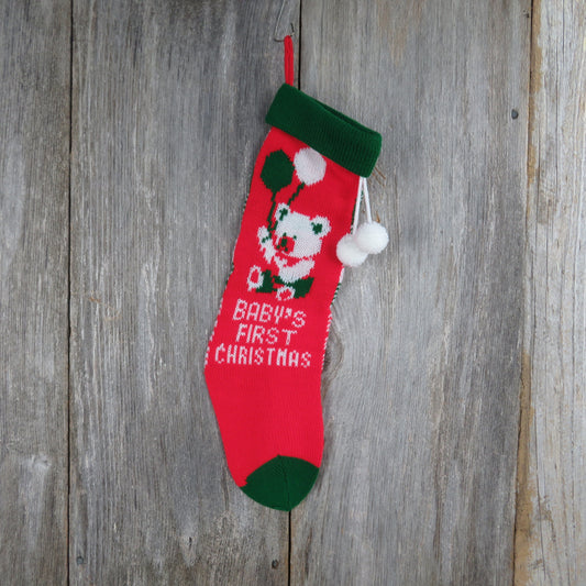 Vintage Baby's First Christmas Stocking Knit Teddy Bear Balloons Knitted Red Green White Pom Pom