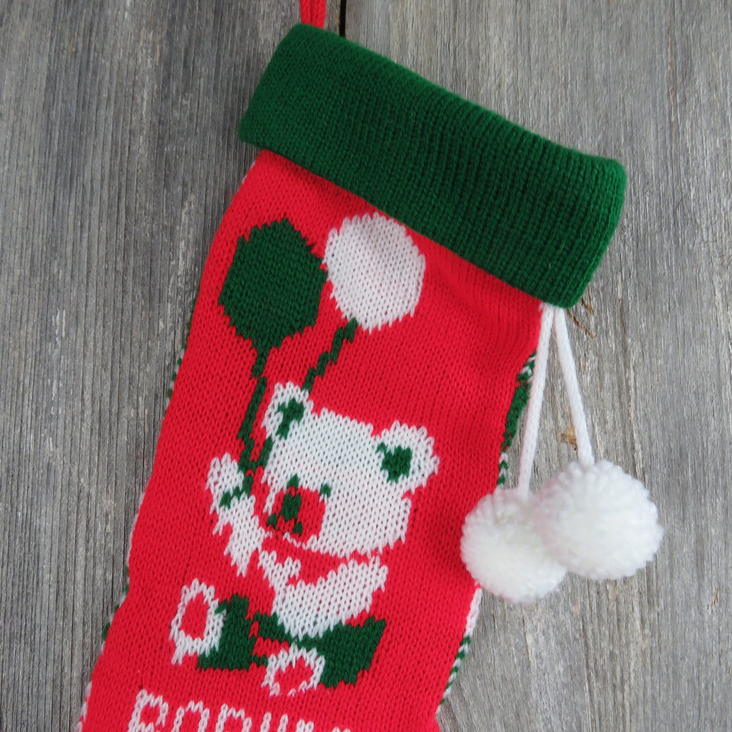 Vintage Baby's First Christmas Stocking Knit Teddy Bear Balloons Knitted Red Green White Pom Pom