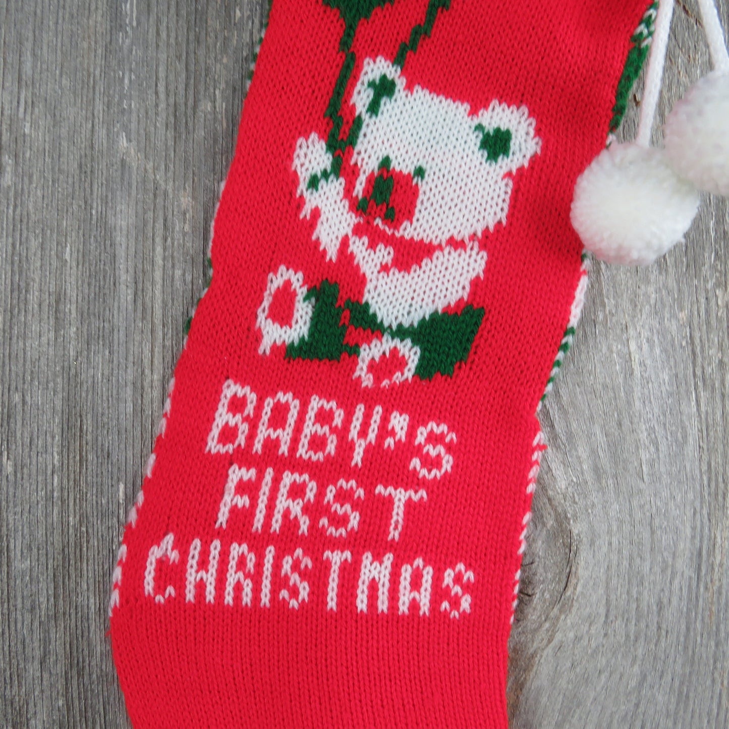 Vintage Baby's First Christmas Stocking Knit Teddy Bear Balloons Knitted Red Green White Pom Pom