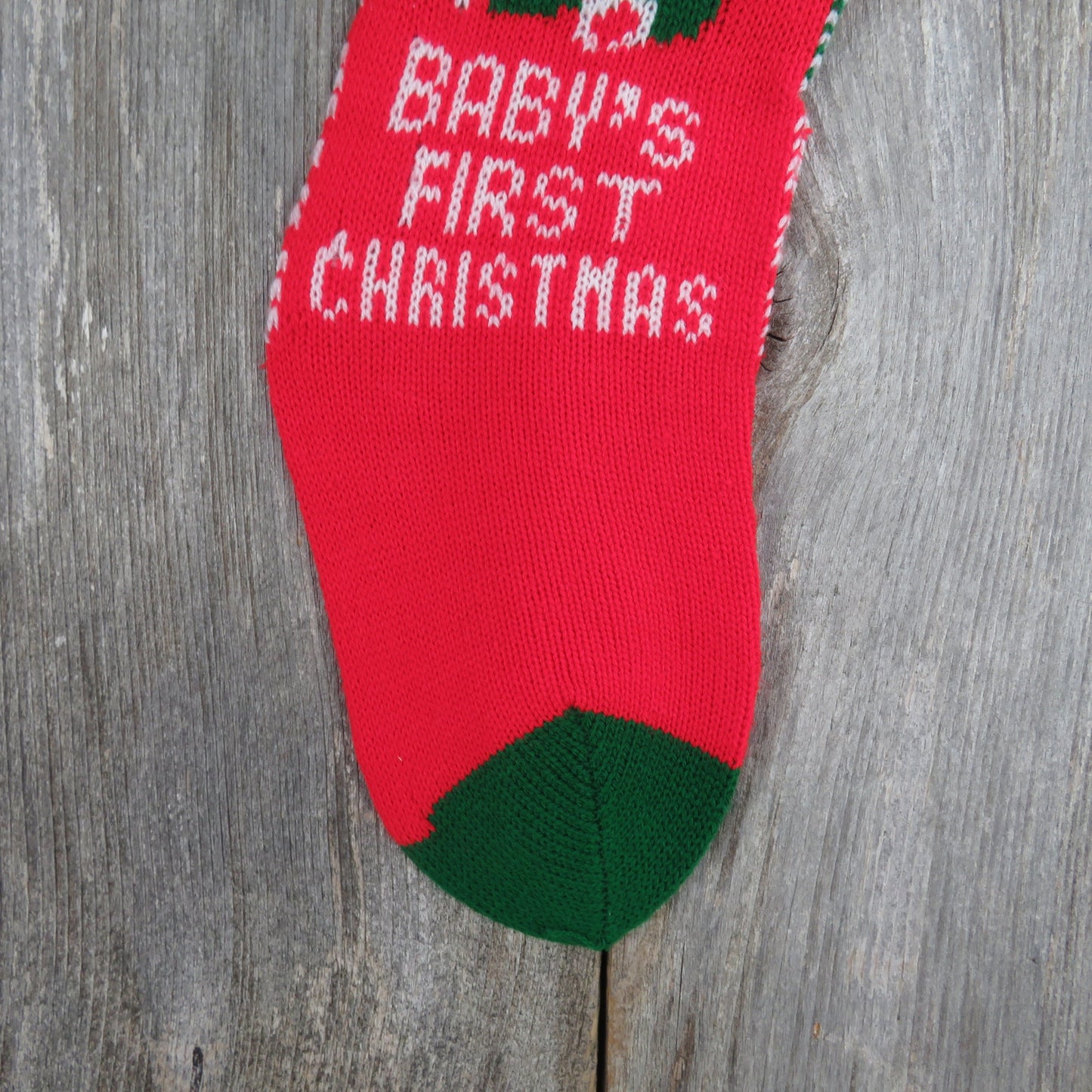 Vintage Baby's First Christmas Stocking Knit Teddy Bear Balloons Knitted Red Green White Pom Pom