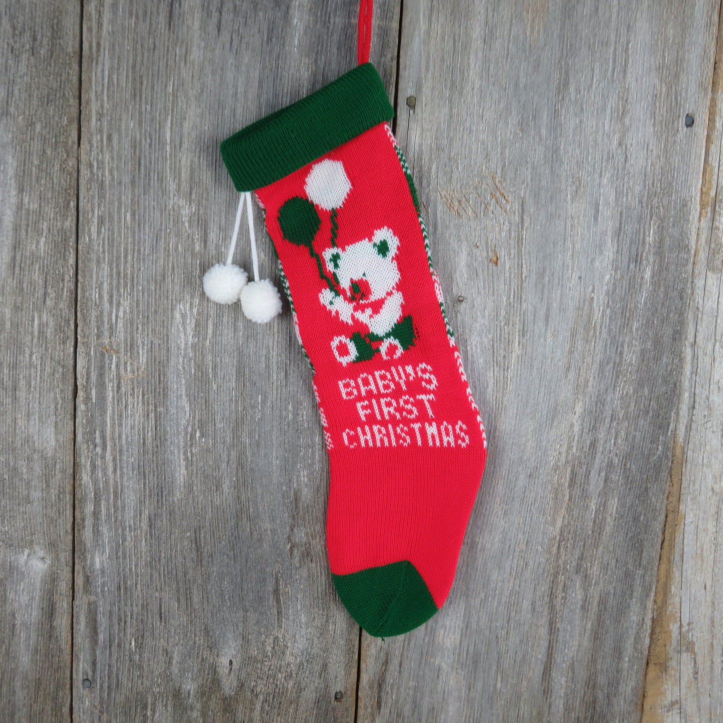 Vintage Baby's First Christmas Stocking Knit Teddy Bear Balloons Knitted Red Green White Pom Pom