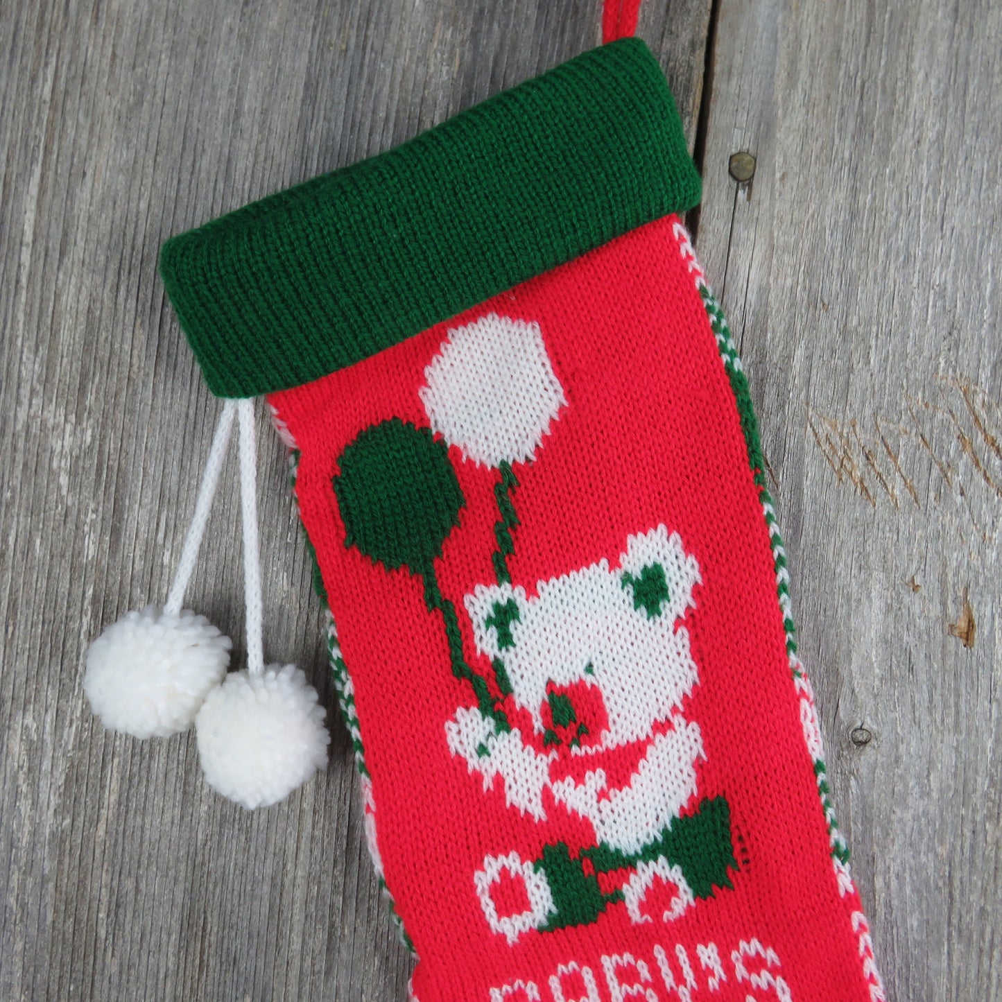 Vintage Baby's First Christmas Stocking Knit Teddy Bear Balloons Knitted Red Green White Pom Pom