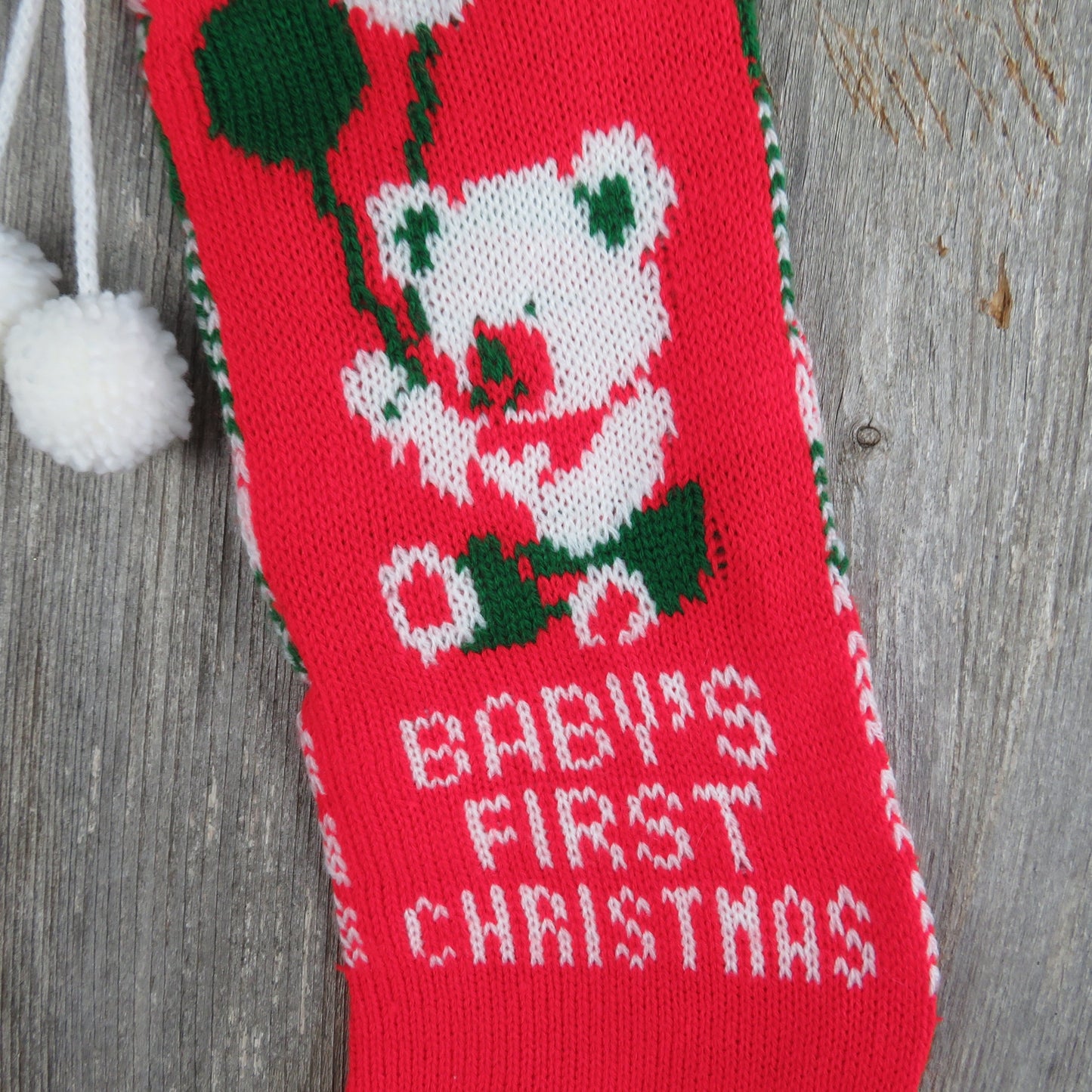 Vintage Baby's First Christmas Stocking Knit Teddy Bear Balloons Knitted Red Green White Pom Pom