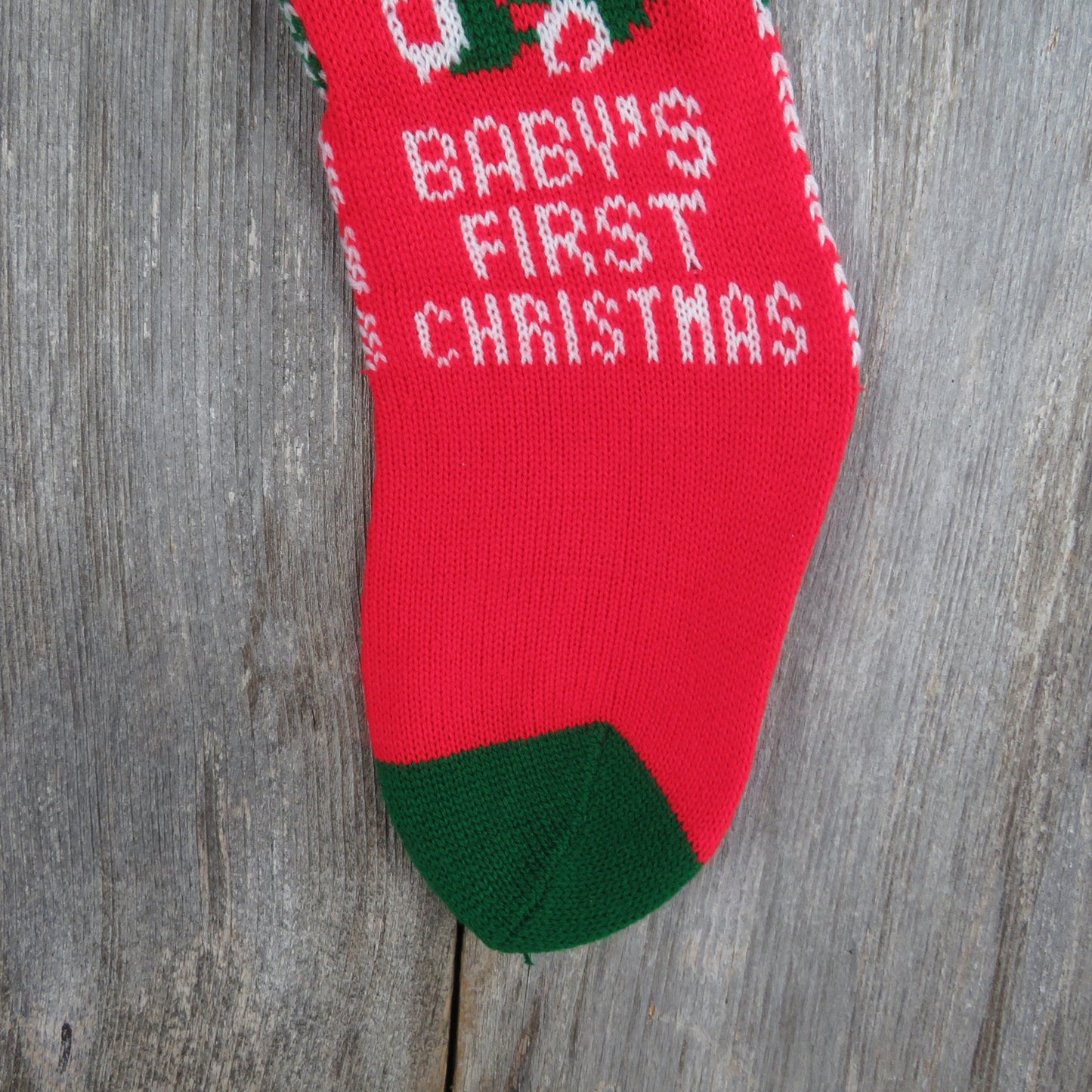 Vintage Baby's First Christmas Stocking Knit Teddy Bear Balloons Knitted Red Green White Pom Pom