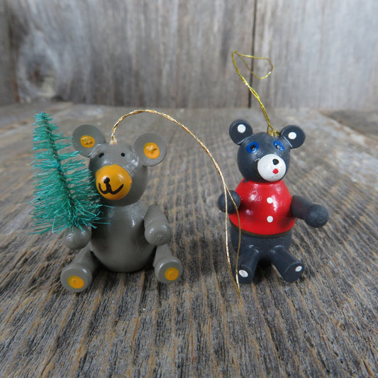 Vintage Teddy Bear Wooden Ornament Set Bottle Brush Tree Red Vest Grey Mini Christmas Tree Ornament Set B