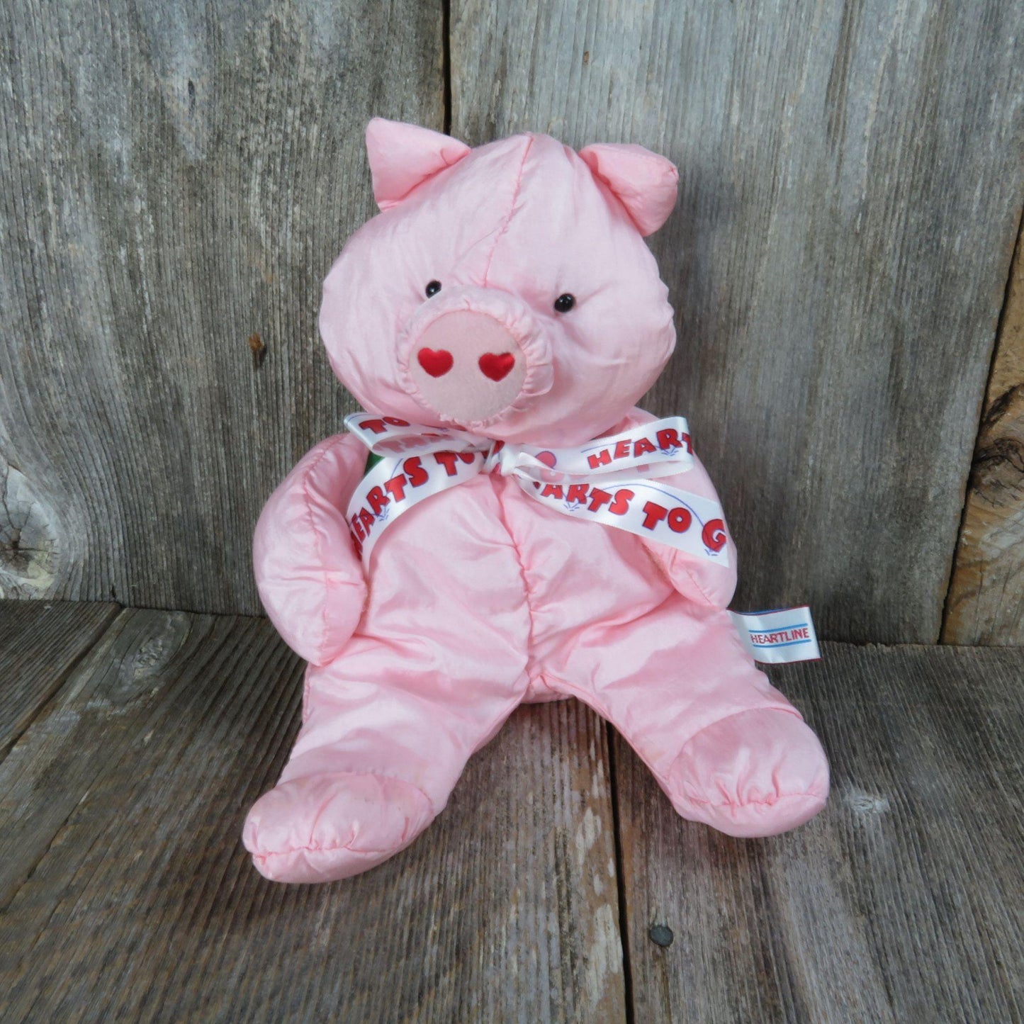 Vintage Pig Plush Stuffed Animal Pink Hog Nylon Backpack Green Heart Slick Hallmark Heartline 1991