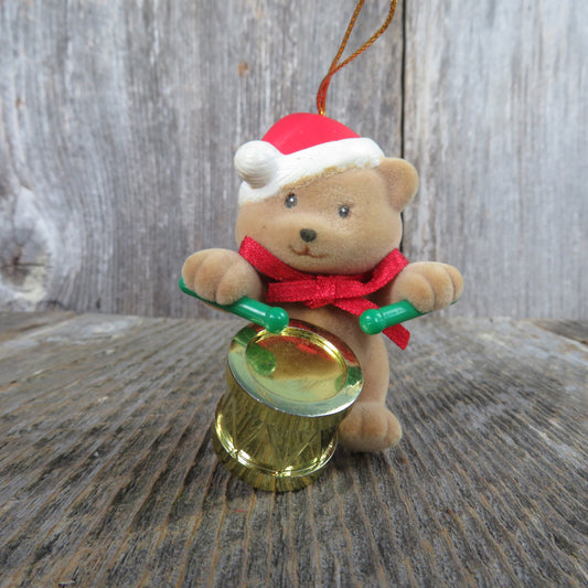 Vintage Flocked Bear Playing Drums Ornament Christmas Santa Hat Brown Snare Holiday Home Decor