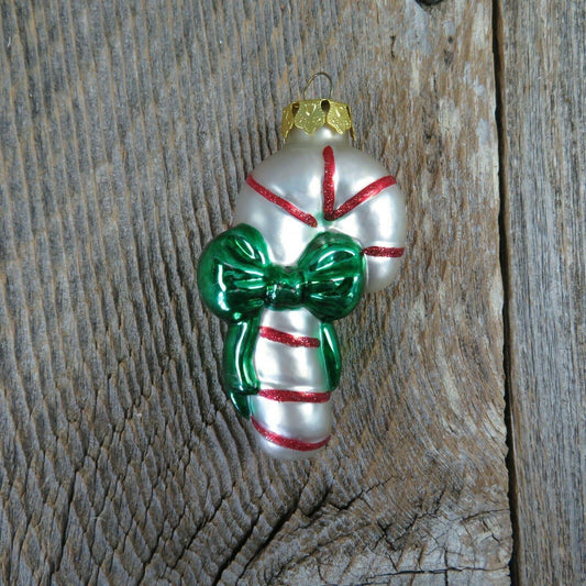 Glass Candy Cane Shaped Ornament Painted Green Bow White Red Glitter Gold Cap