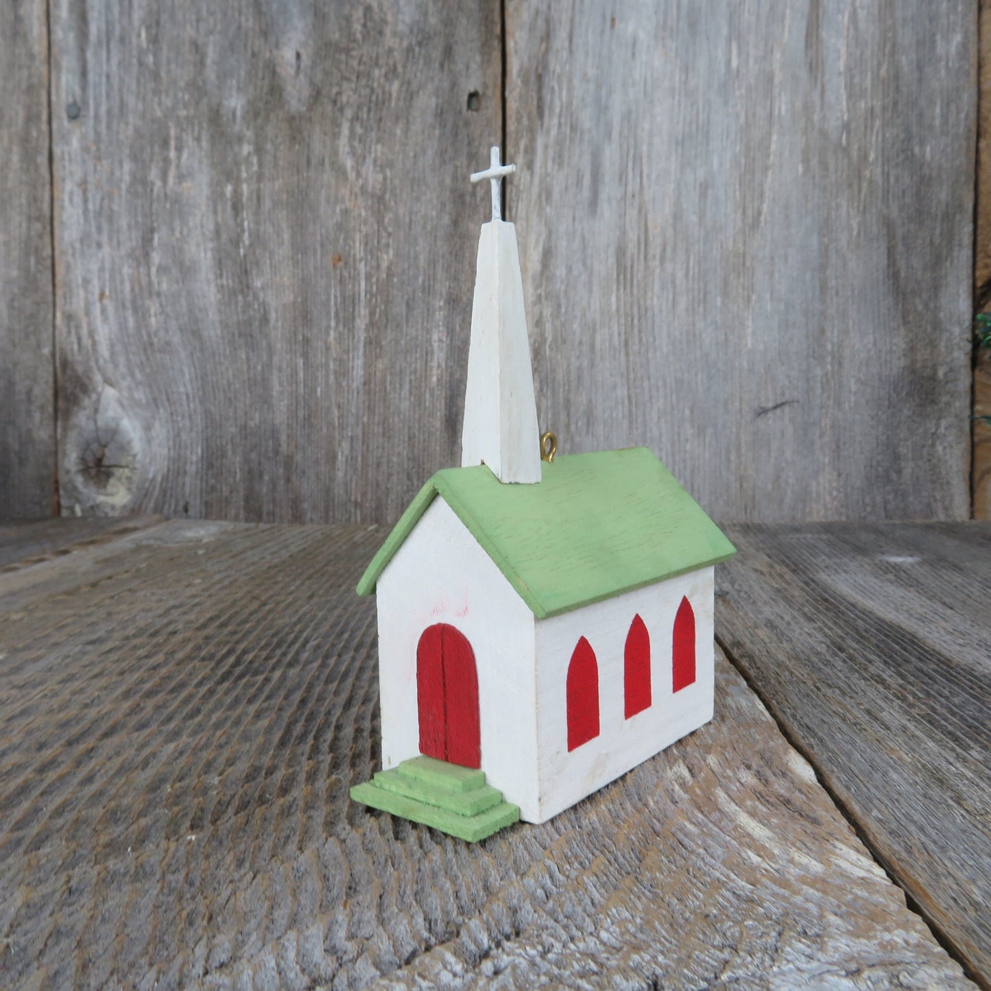 Vintage Church Wooden Ornament Hallmark Old Fashioned Green White Wood Church Christmas 1988