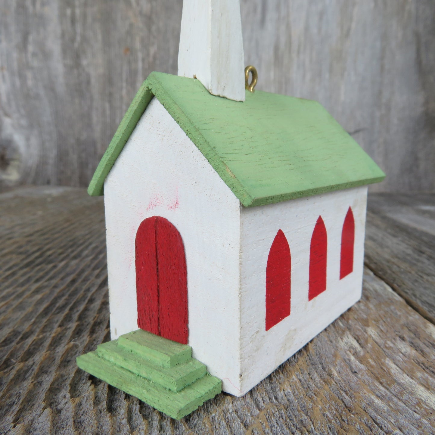 Vintage Church Wooden Ornament Hallmark Old Fashioned Green White Wood Church Christmas 1988