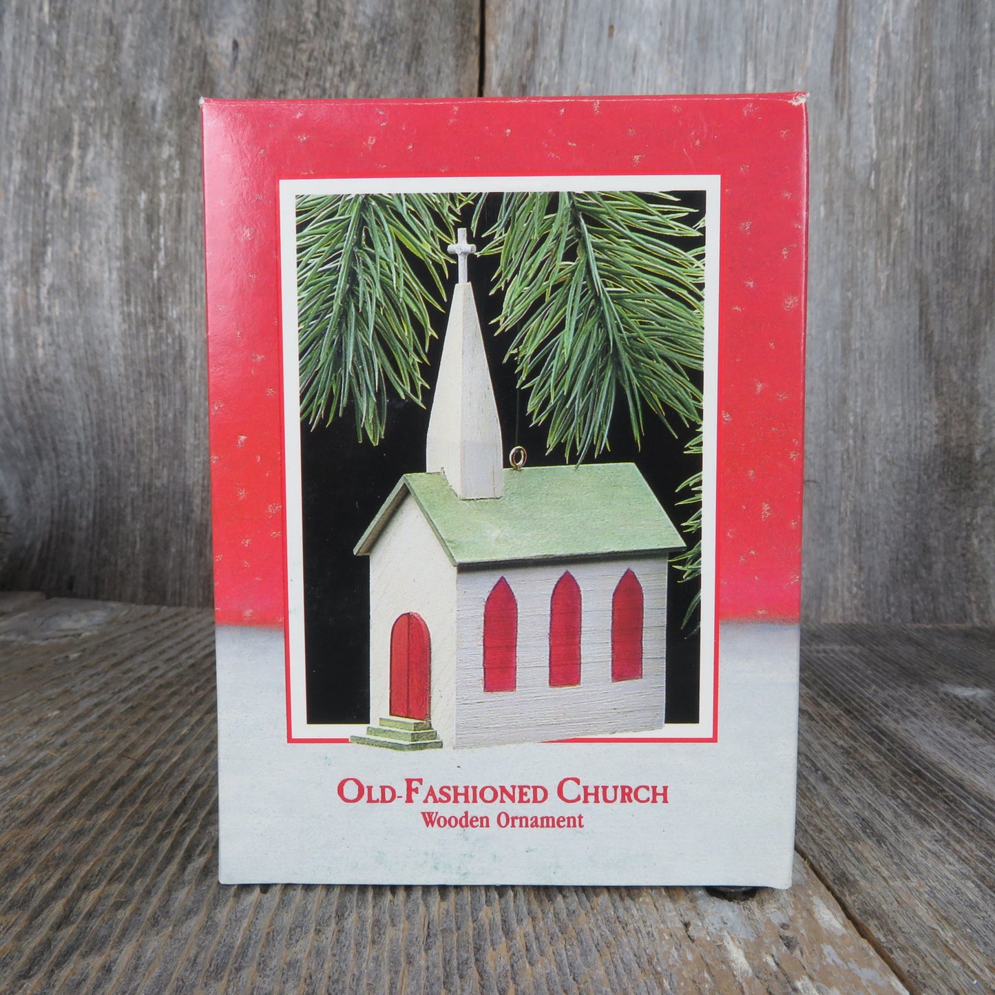 Vintage Church Wooden Ornament Hallmark Old Fashioned Green White Wood Church Christmas 1988