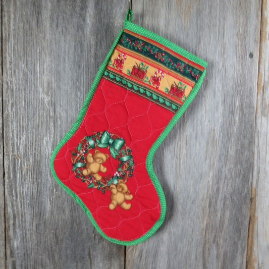 Vintage Teddy Bears and Wreath Christmas Stocking Quilted Handmade Holly Fabric Red Green Cloth