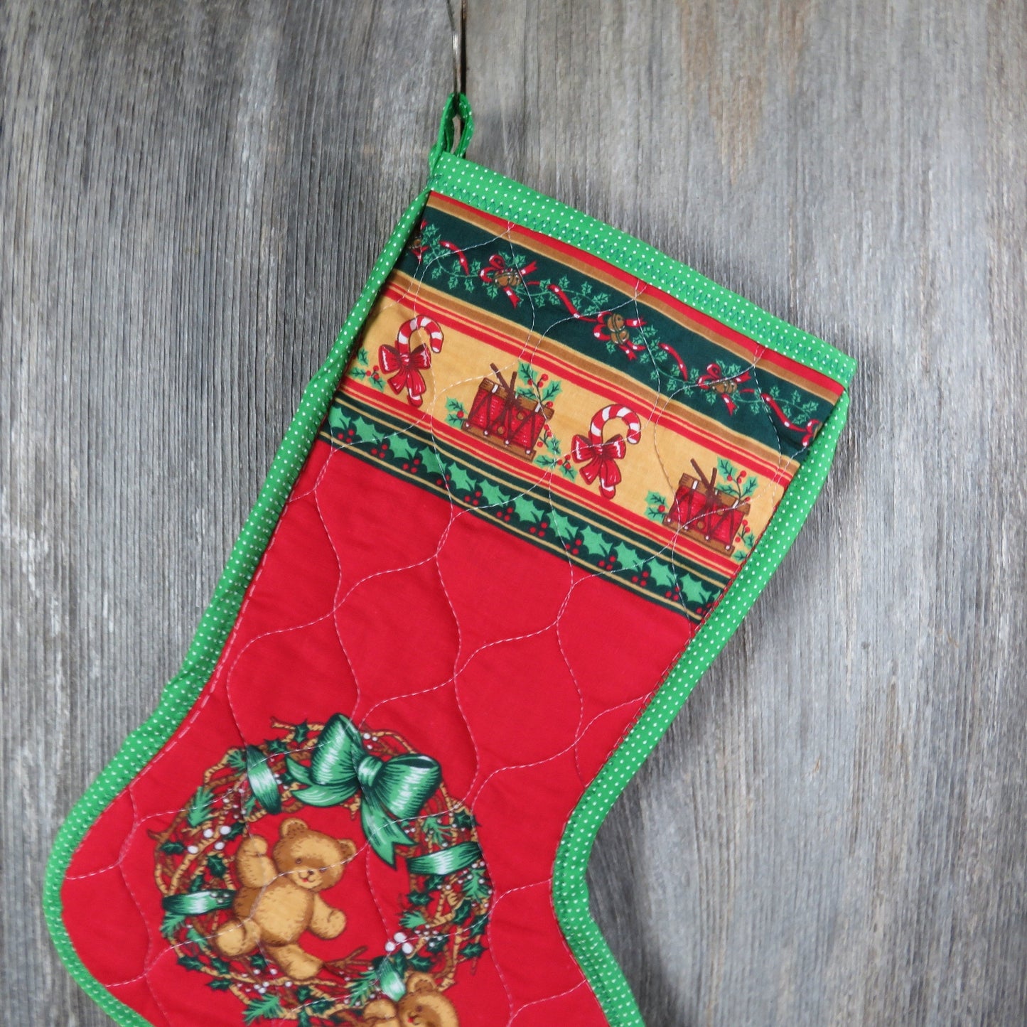 Vintage Teddy Bears and Wreath Christmas Stocking Quilted Handmade Holly Fabric Red Green Cloth