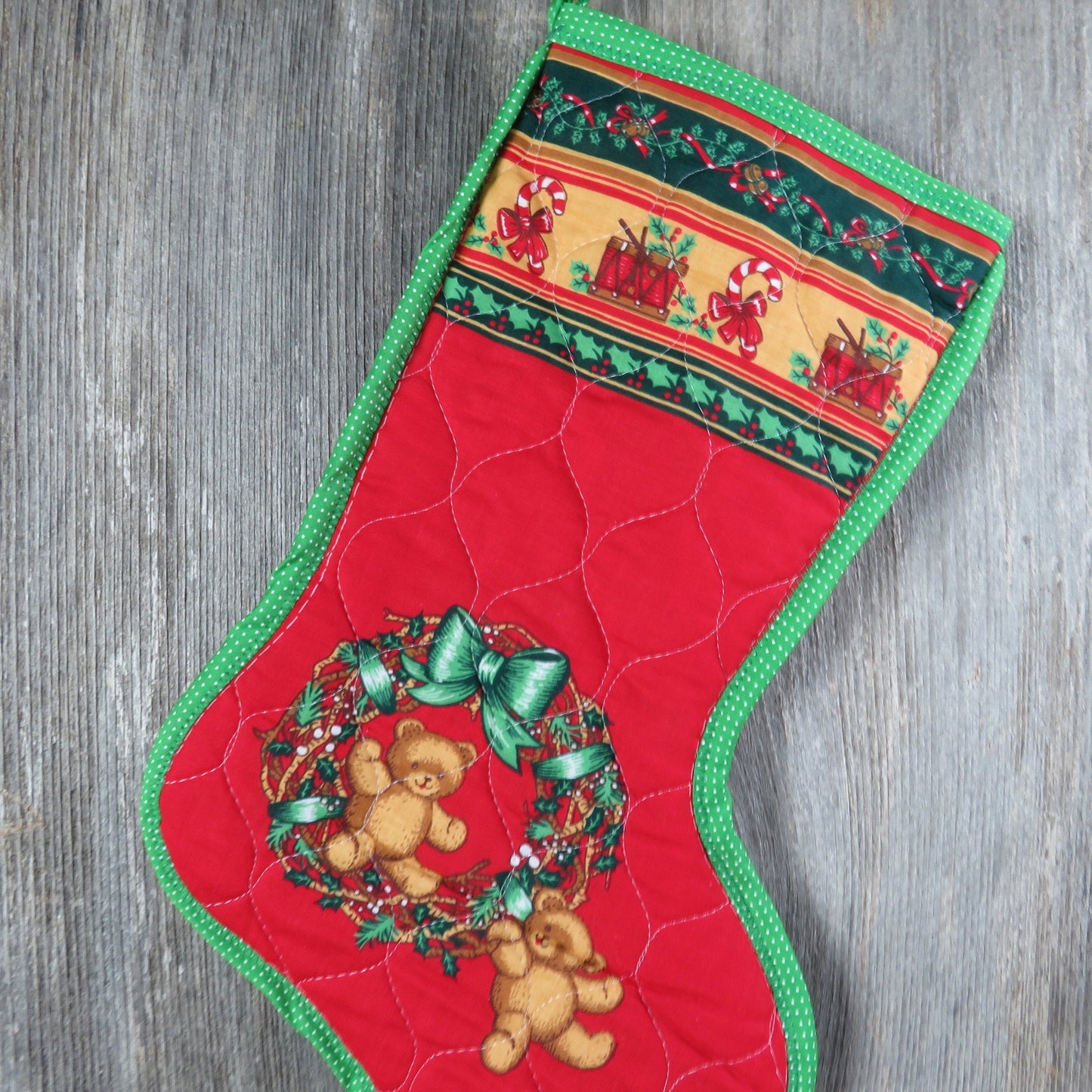 Vintage Teddy Bears and Wreath Christmas Stocking Quilted Handmade Holly Fabric Red Green Cloth