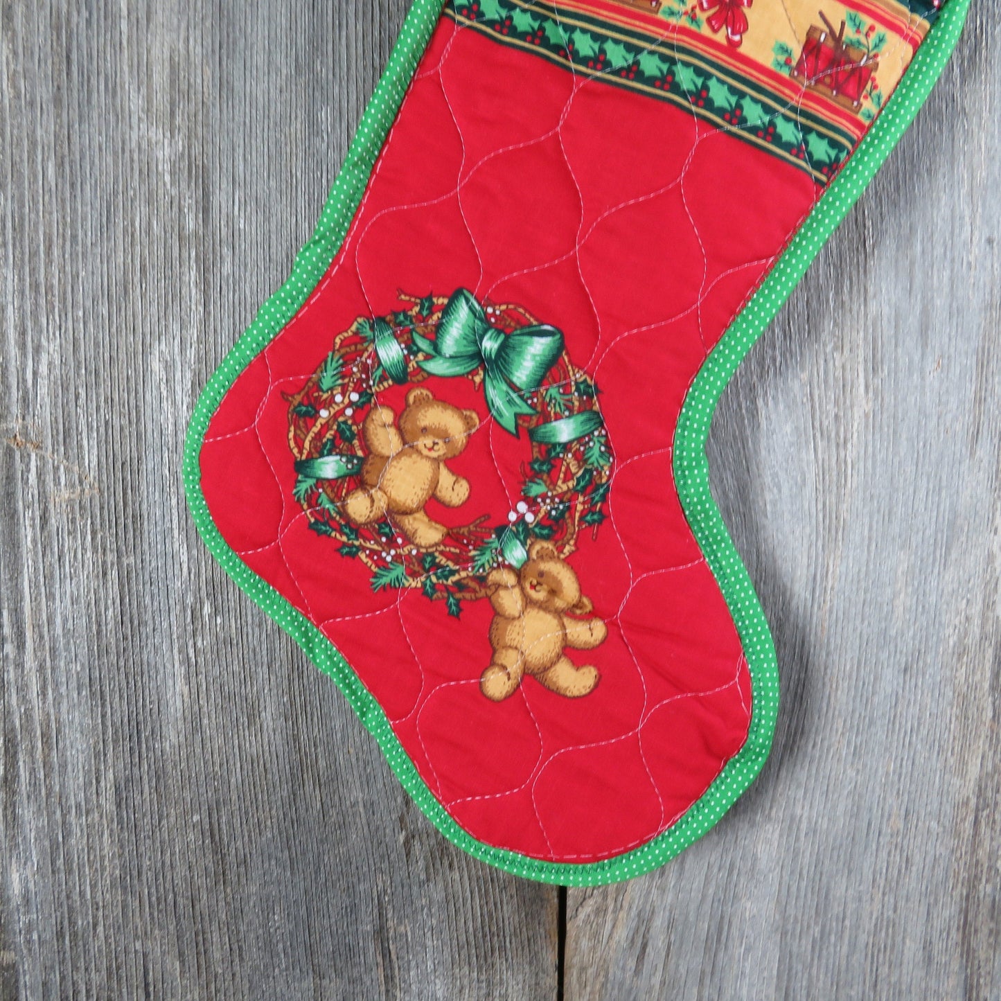 Vintage Teddy Bears and Wreath Christmas Stocking Quilted Handmade Holly Fabric Red Green Cloth