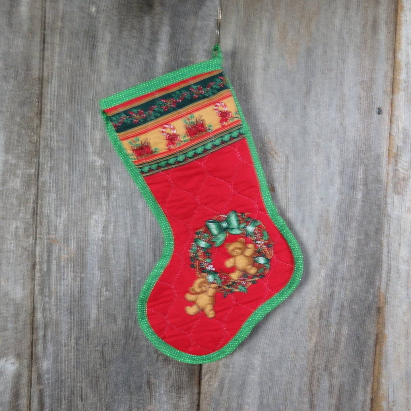 Vintage Teddy Bears and Wreath Christmas Stocking Quilted Handmade Holly Fabric Red Green Cloth