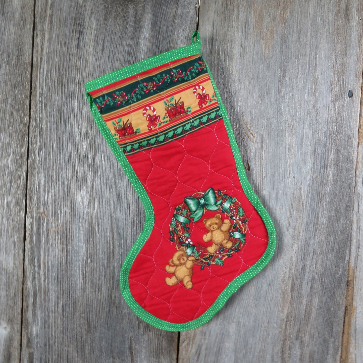 Vintage Teddy Bears and Wreath Christmas Stocking Quilted Handmade Holly Fabric Red Green Cloth