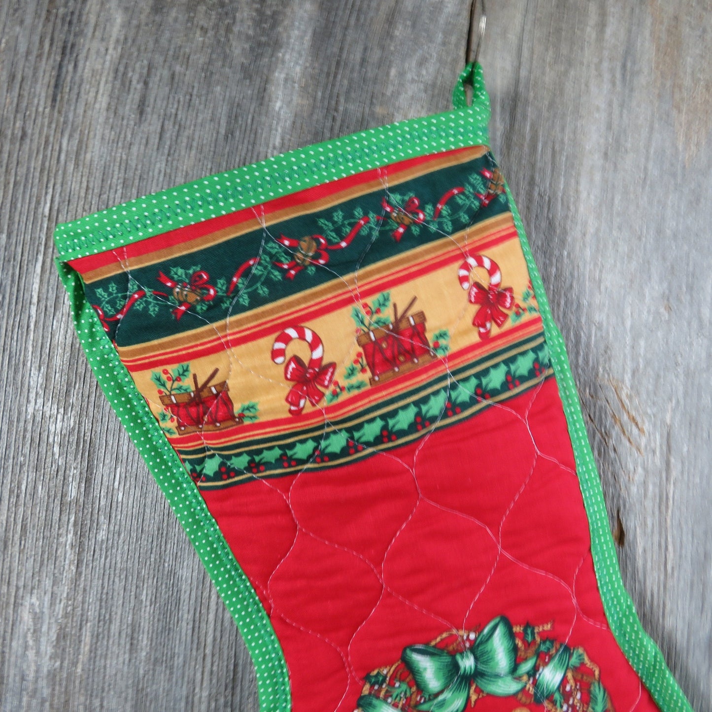 Vintage Teddy Bears and Wreath Christmas Stocking Quilted Handmade Holly Fabric Red Green Cloth