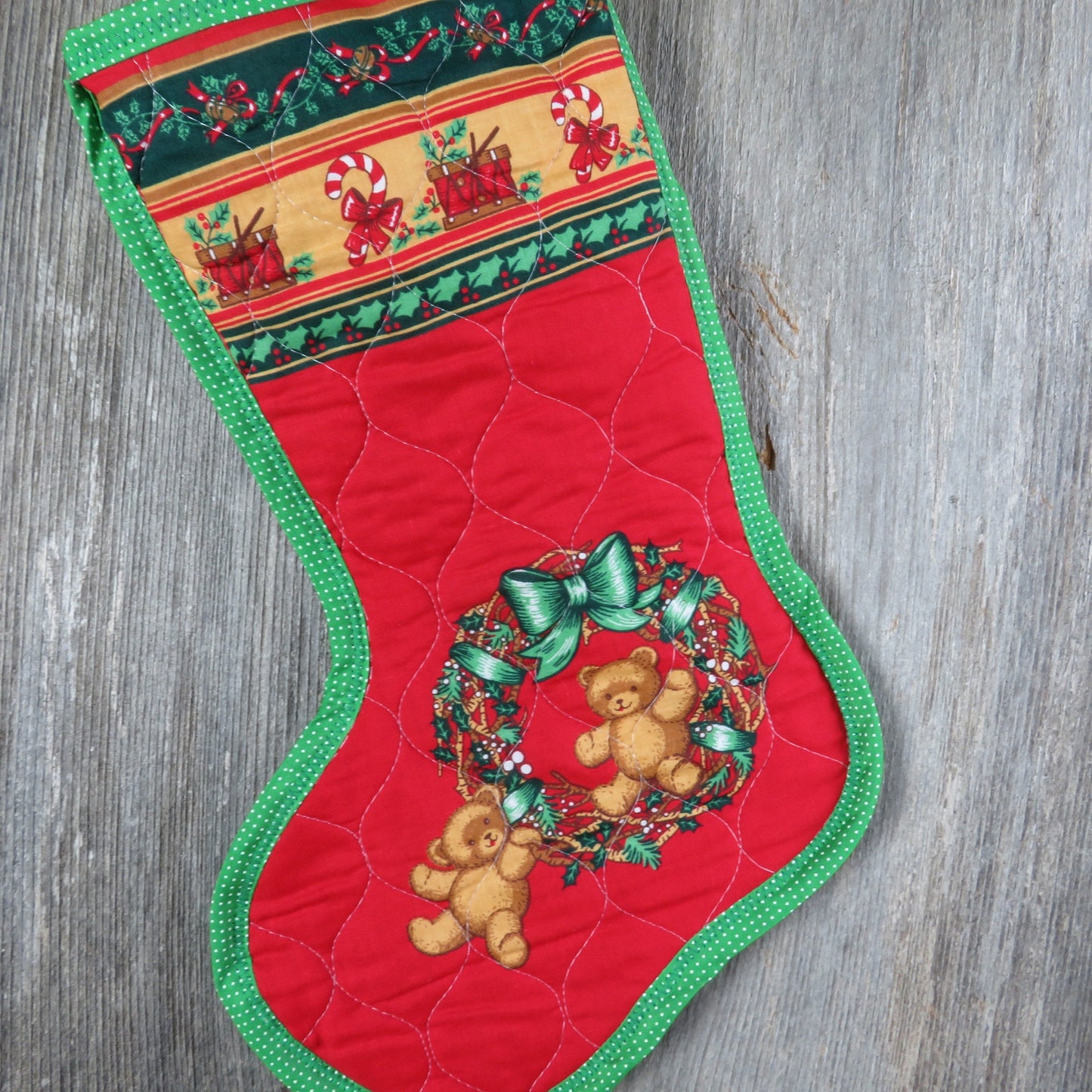 Vintage Teddy Bears and Wreath Christmas Stocking Quilted Handmade Holly Fabric Red Green Cloth