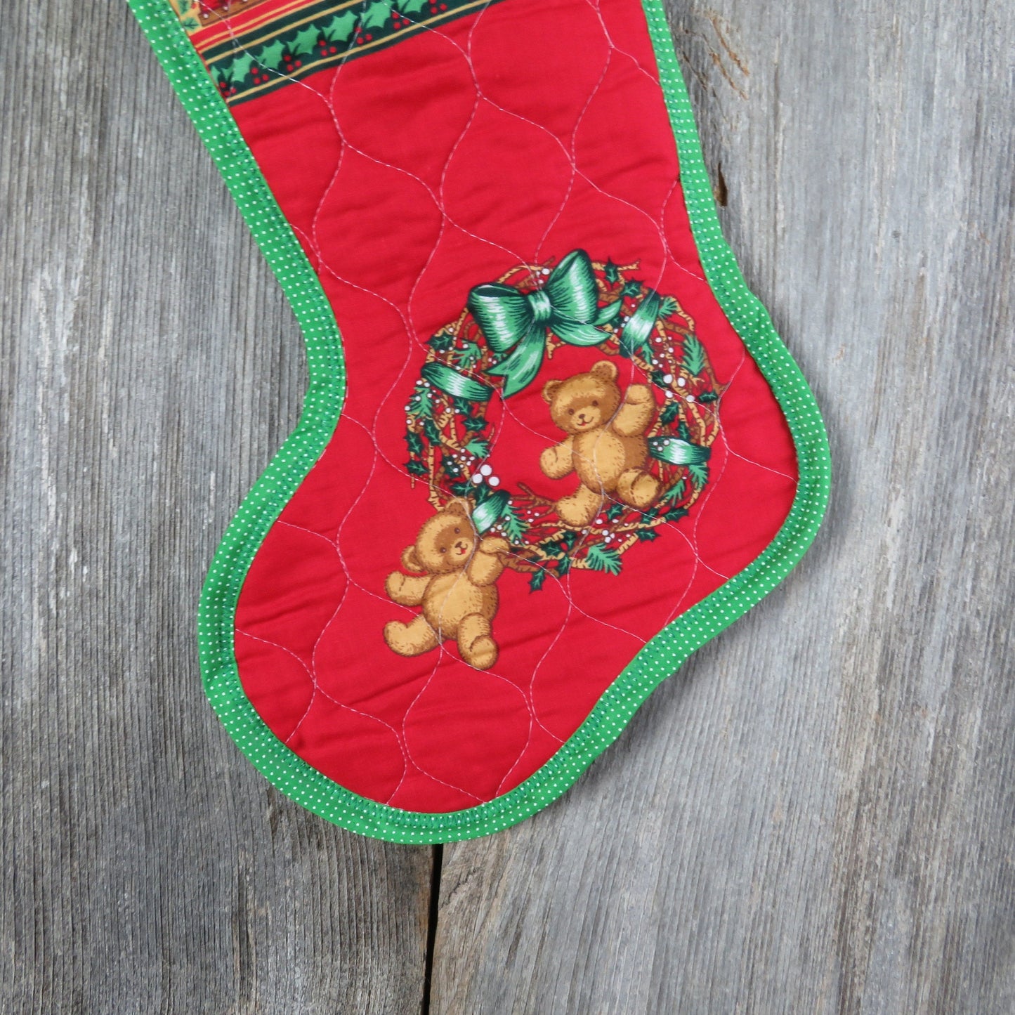 Vintage Teddy Bears and Wreath Christmas Stocking Quilted Handmade Holly Fabric Red Green Cloth