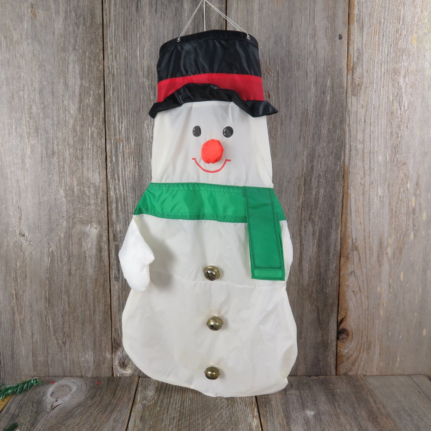 Vintage Snowman Windsock Nylon Christmas Wind Sock Flag Banner White Top Hat Green Scarf Carrot Nose Bells Outside Decoration
