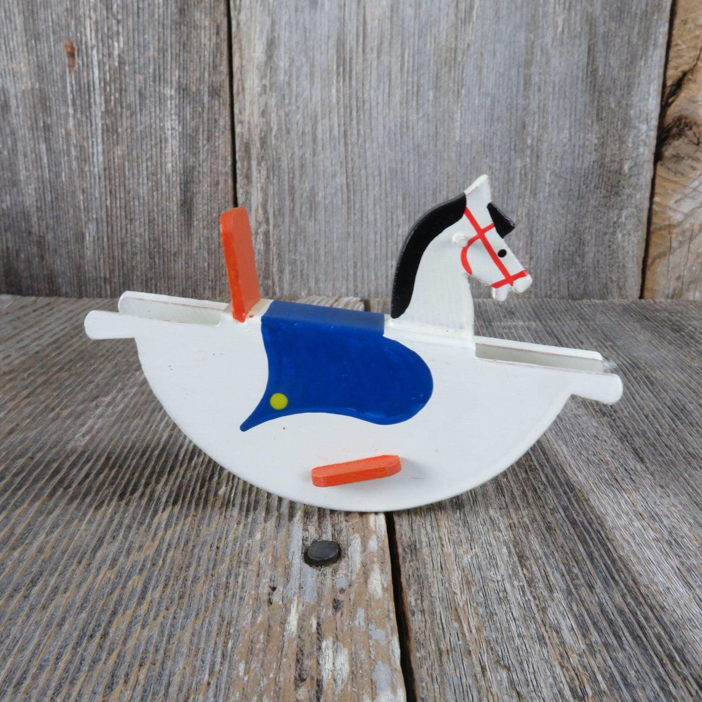 Vintage Miniature Wooden Rocking Horse Toy Figurine White Blue Wood Made in Germany