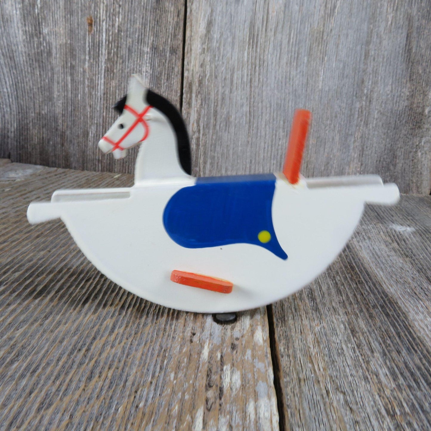 Vintage Miniature Wooden Rocking Horse Toy Figurine White Blue Wood Made in Germany