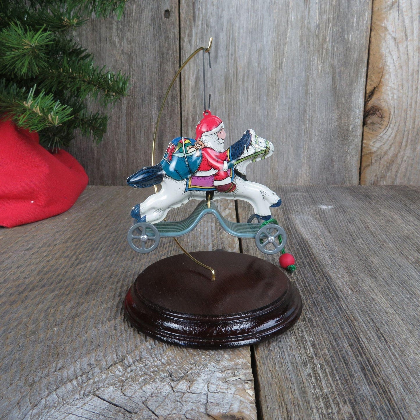 Vintage Tin Toy Ornament Galloping Into Christmas Santa Toy Pull Horse Hallmark 1991 with Display