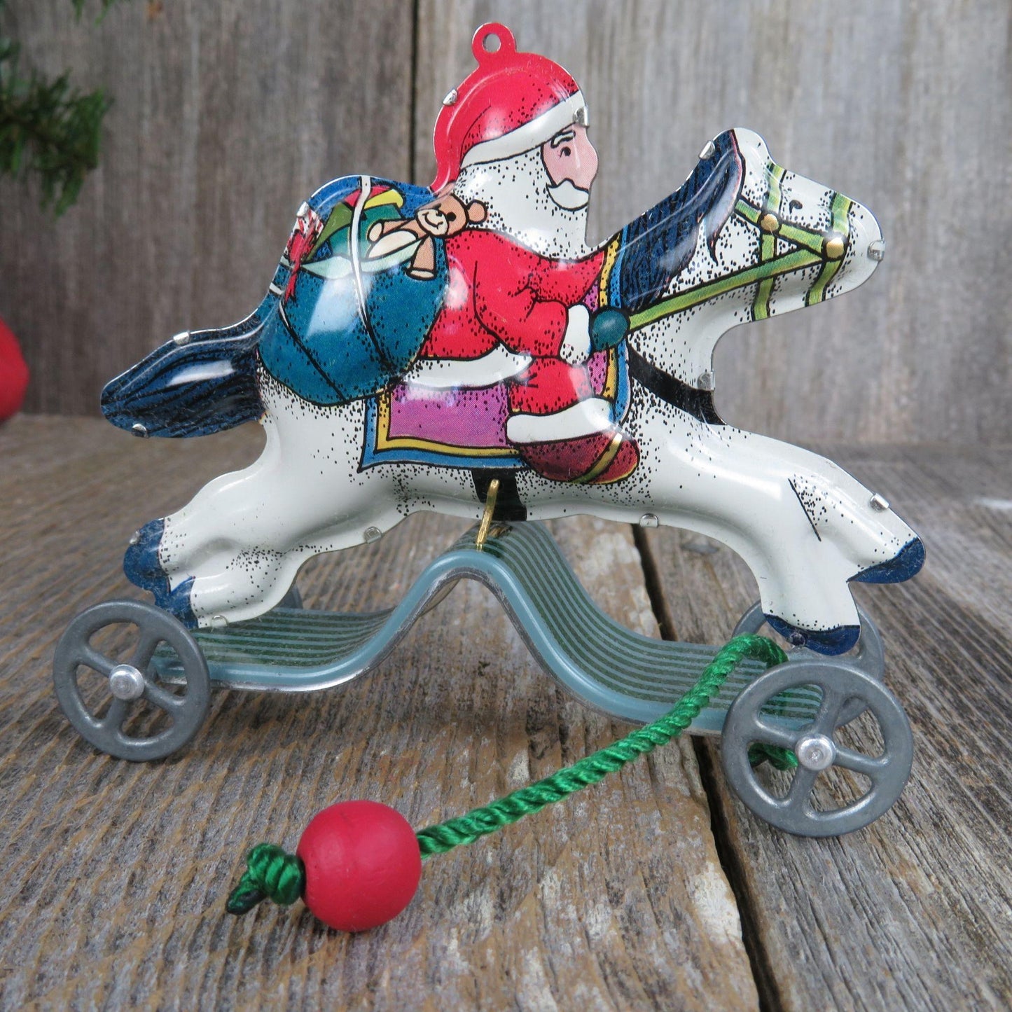 Vintage Tin Toy Ornament Galloping Into Christmas Santa Toy Pull Horse Hallmark 1991 with Display