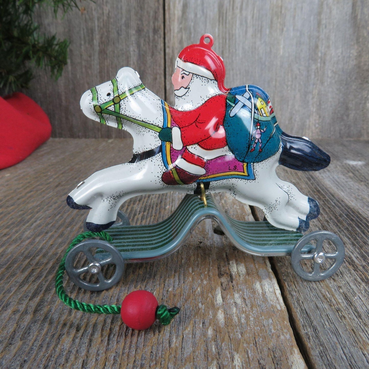 Vintage Tin Toy Ornament Galloping Into Christmas Santa Toy Pull Horse Hallmark 1991 with Display