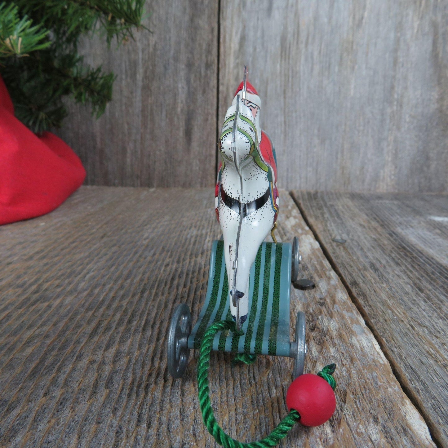 Vintage Tin Toy Ornament Galloping Into Christmas Santa Toy Pull Horse Hallmark 1991 with Display