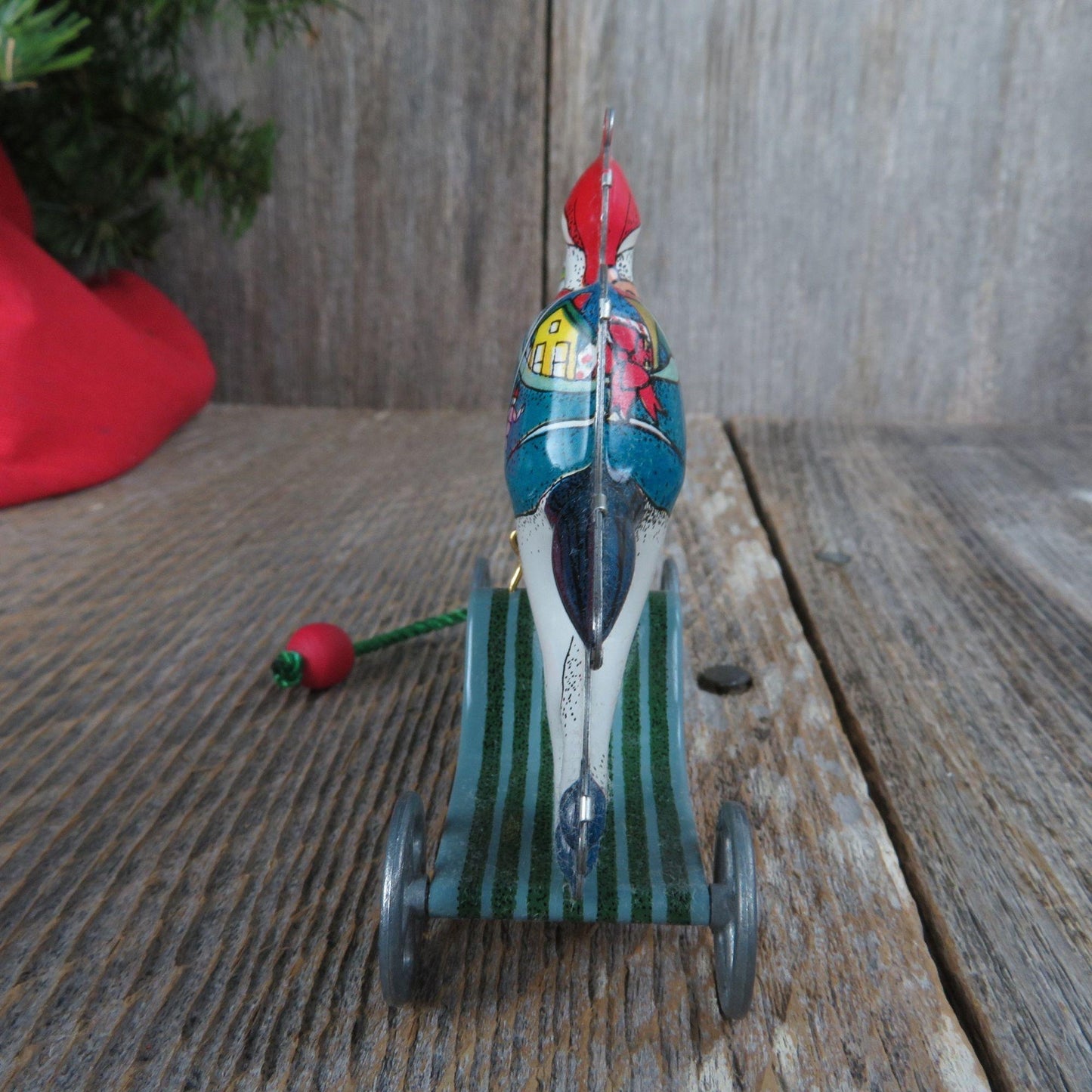 Vintage Tin Toy Ornament Galloping Into Christmas Santa Toy Pull Horse Hallmark 1991 with Display