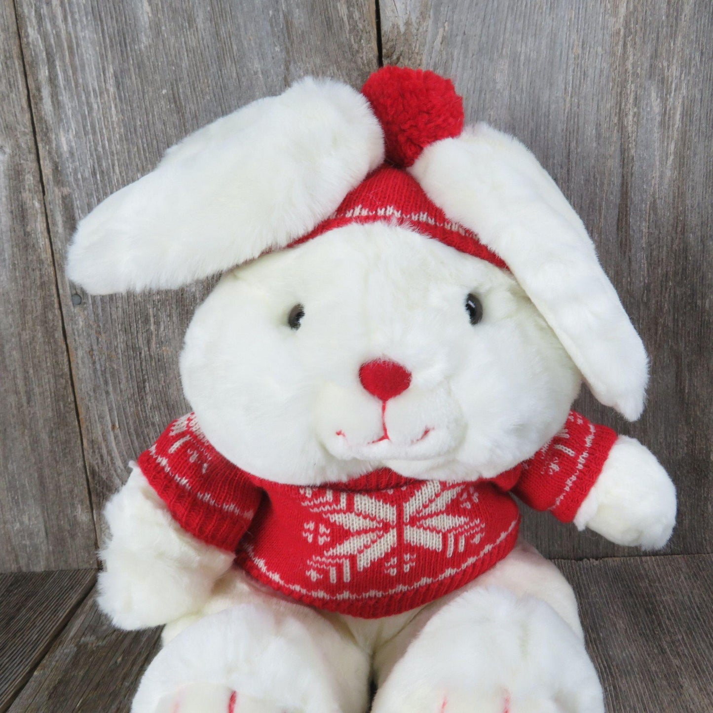 Vintage Bunny Rabbit Plush Christmas Red Sweater Mervyn's Easter Hare White Stuffed Animal 1987